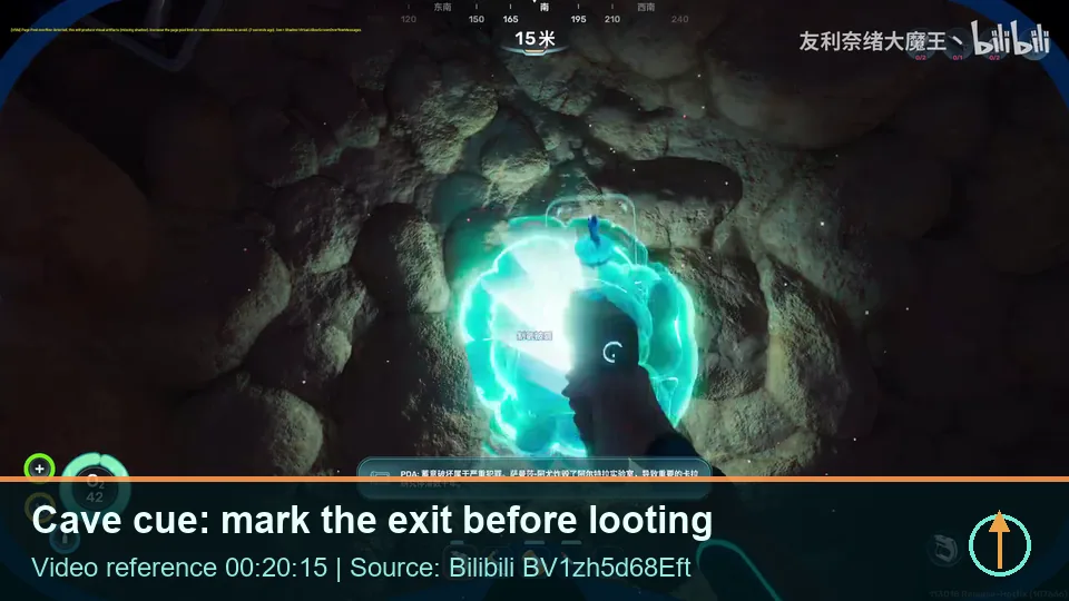 Bilibili gameplay still showing a cave cue and route-risk moment in Subnautica 2