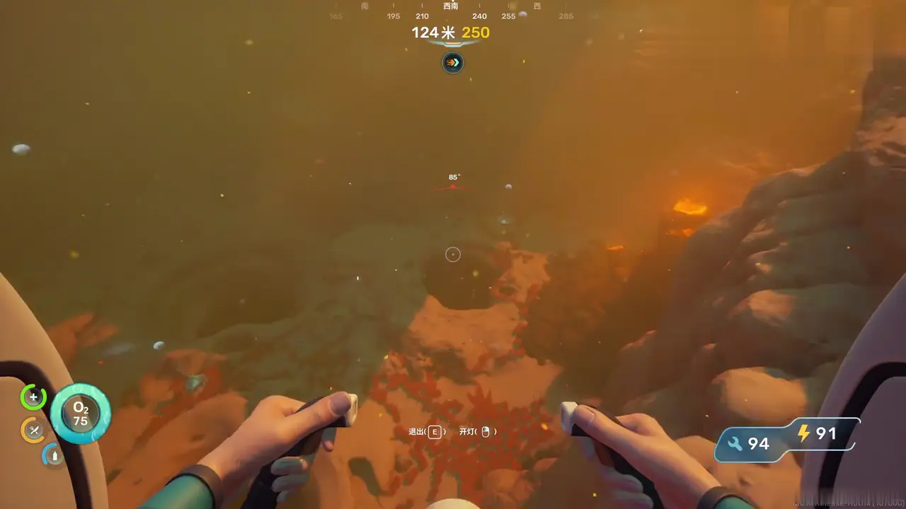 Subnautica 2 Tadpole first drive frame showing vehicle power and durability UI at depth