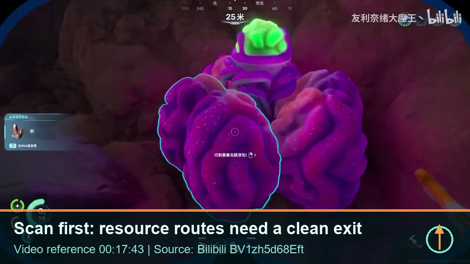 Bilibili gameplay still showing a scan-focused resource stop in Subnautica 2